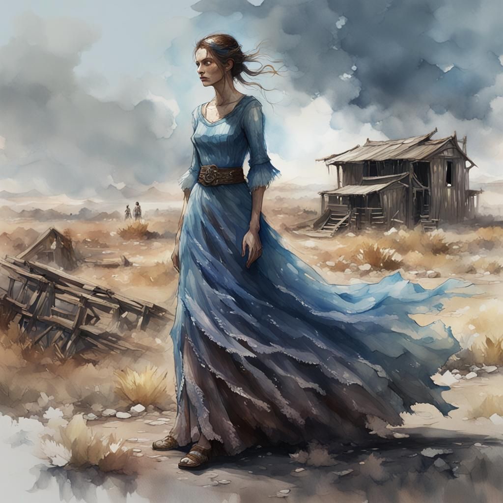 Wasteland Woman in Watercolor Pastel Style