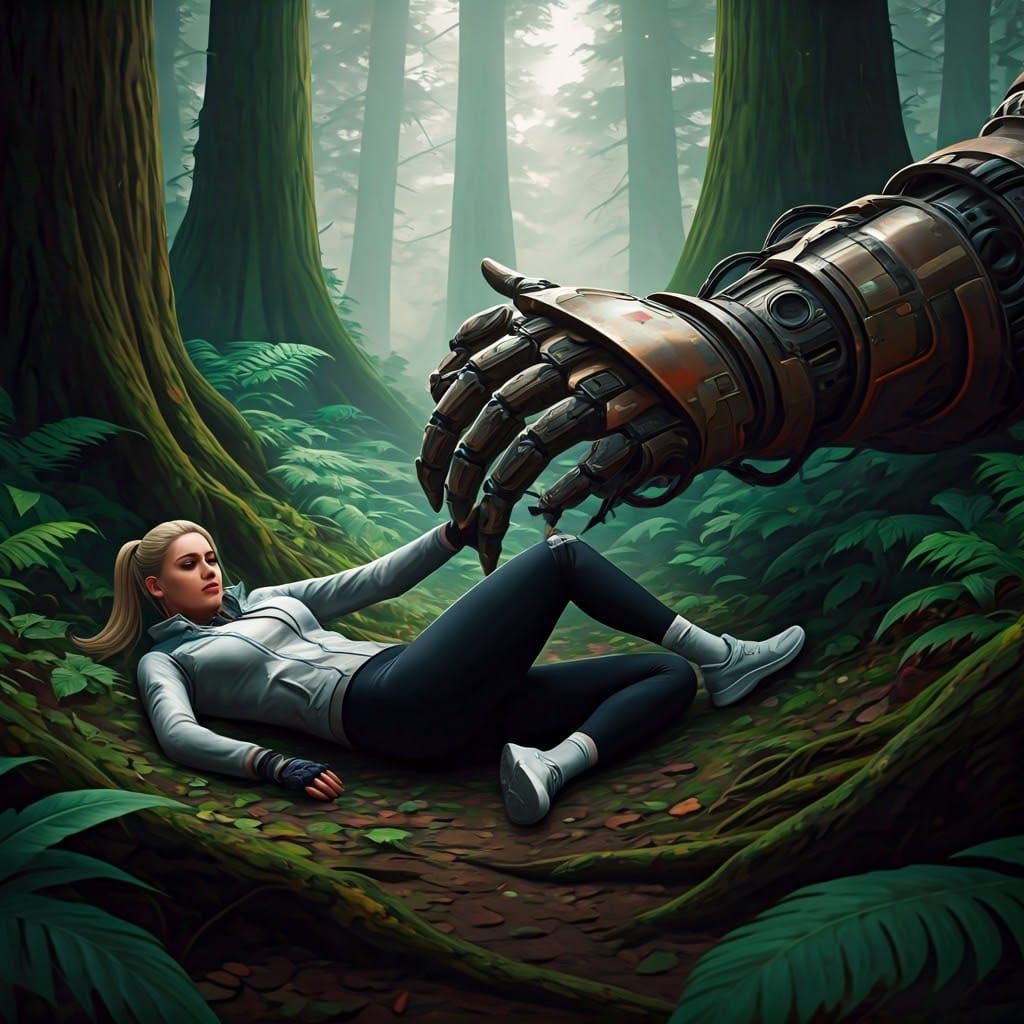 Robot Hand Grasps Woman in Misty Forest