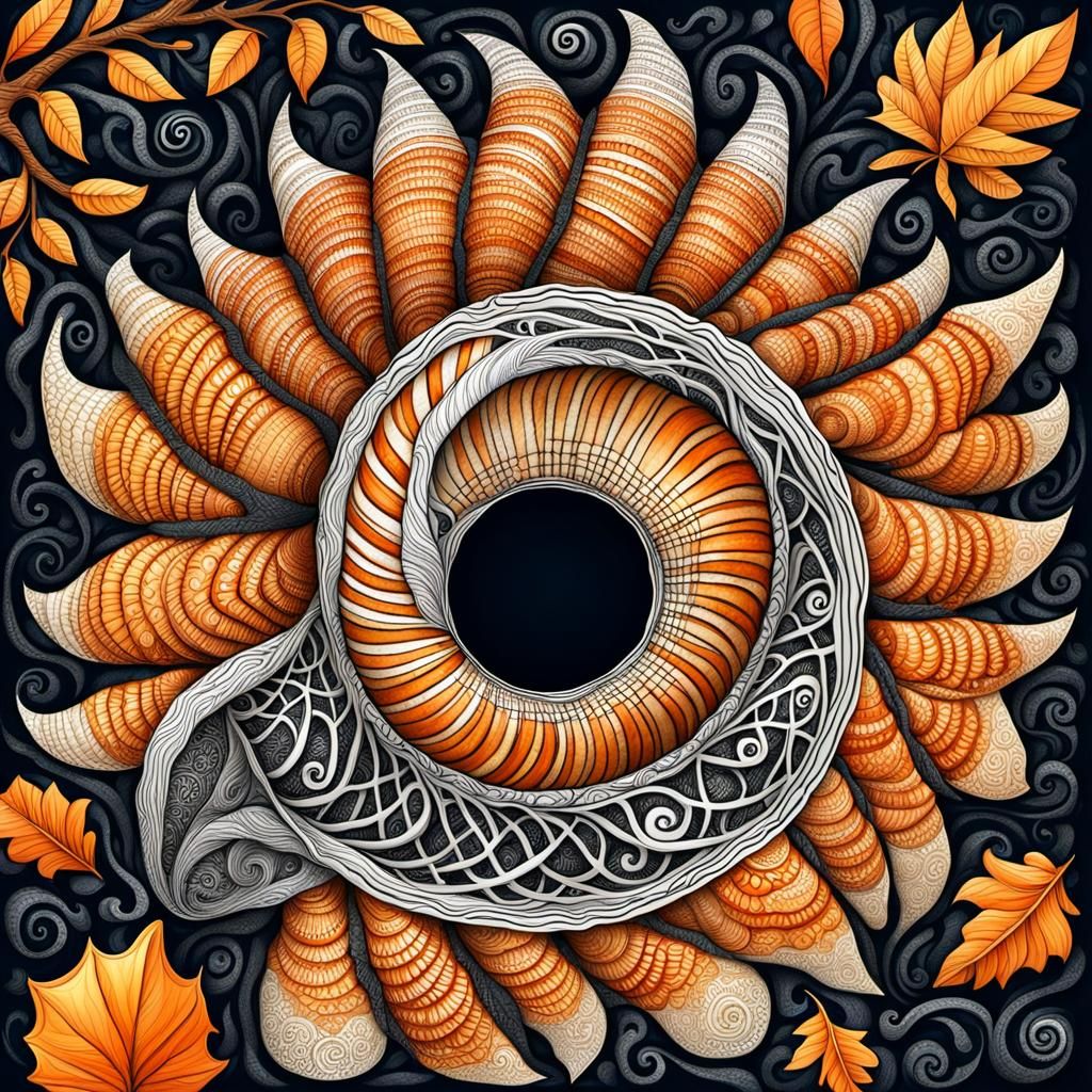 Intricate Zentangle Drawing of Seashell and Oak Tree