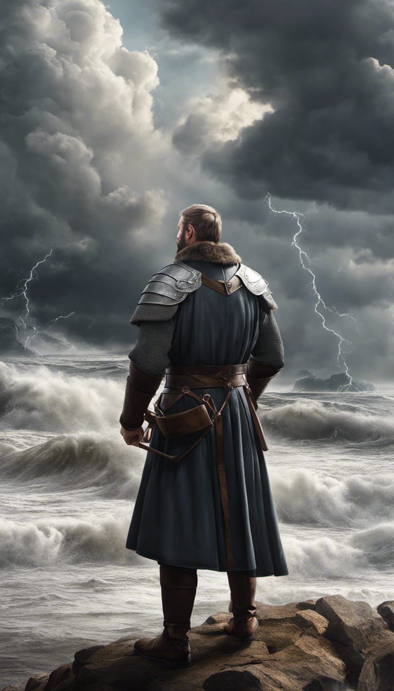 MEDIEVAL MAN  facing a thunderstorm