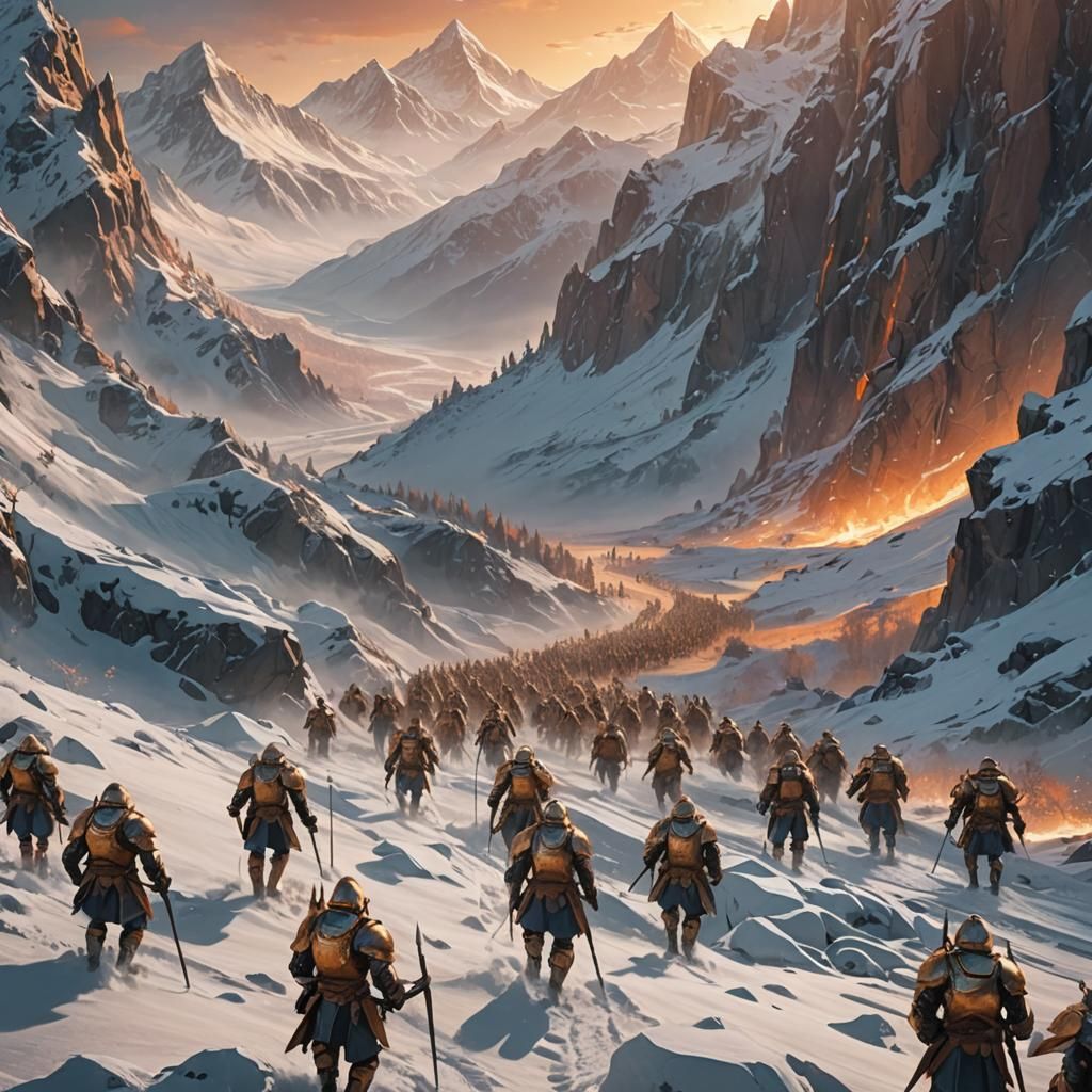 Soldiers Marching Through Snowy Mountains: Fantasy Art