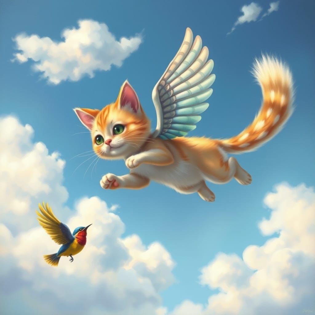 Whimsical Flying Cat Soars Through Dreamlike Skies