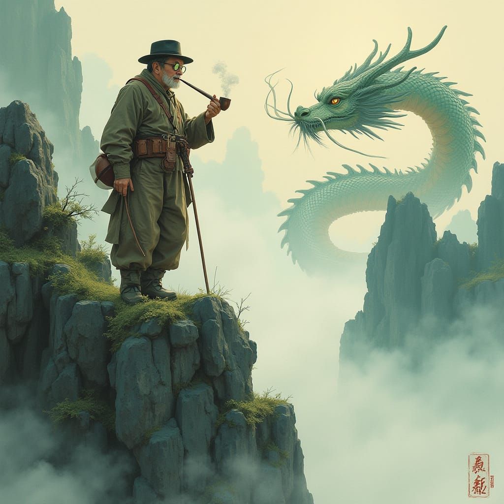 Man in Green Glasses Ascends Chinese Mountain with Majestic ...