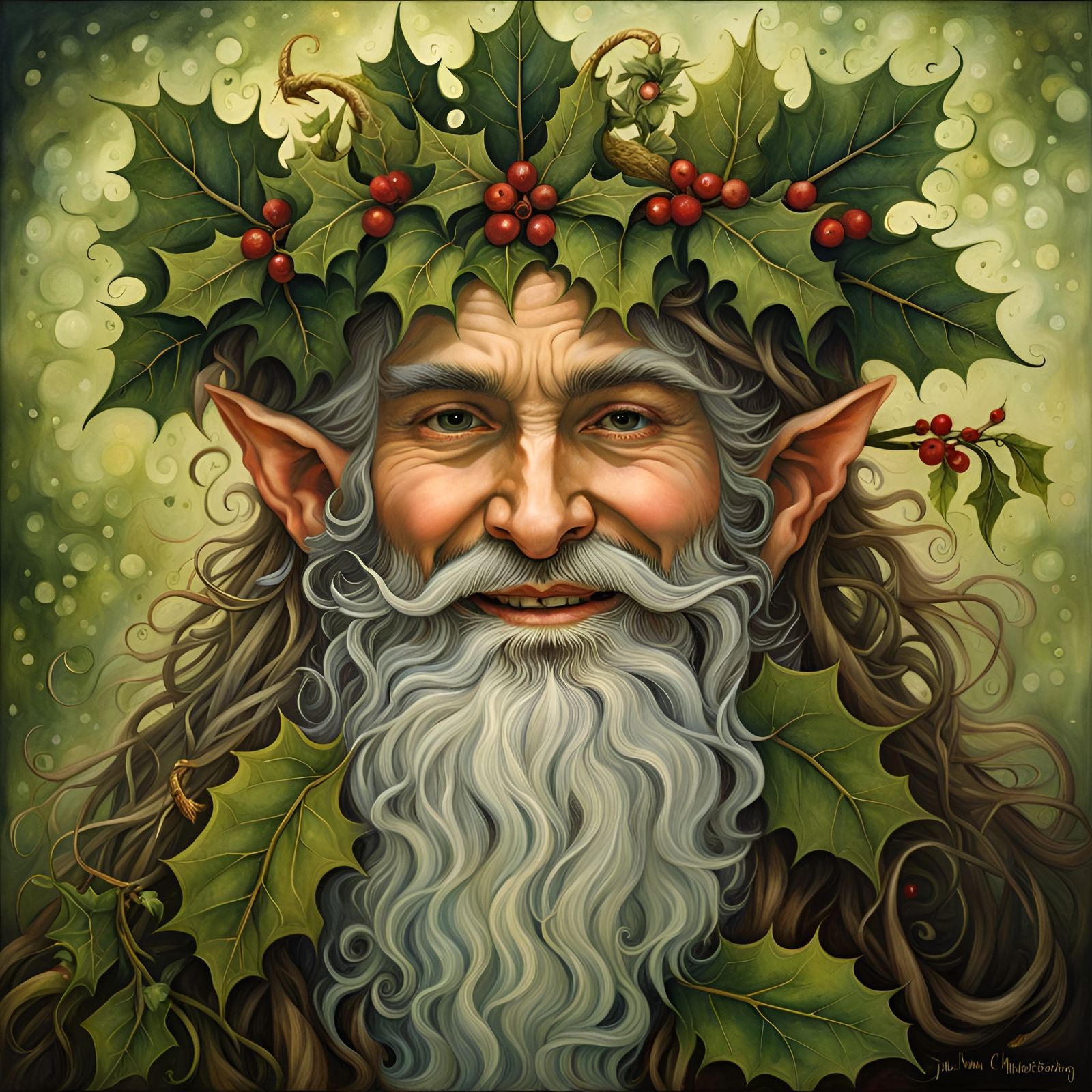 Mischievous Elf with Holly Leaves, Celtic Fantasy Art