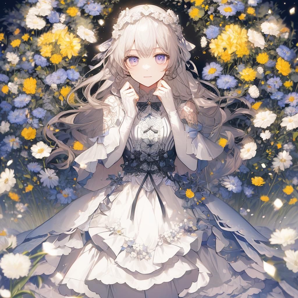 Anime Girl in Ruffled Dress with Flowers