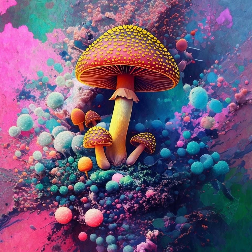 Surreal Fungal Uprising in Abstract Oil Painting