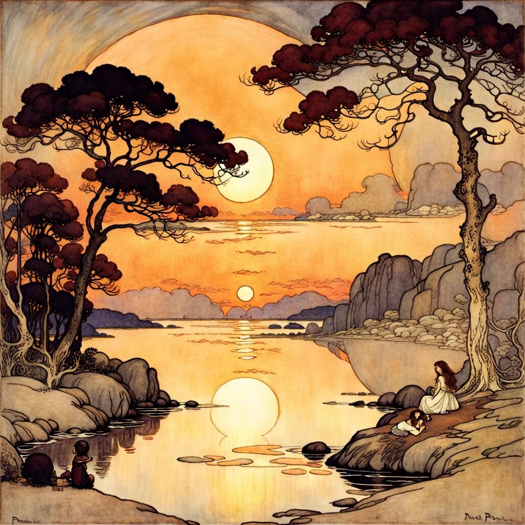 Sunset in Golden Age Illustration Style