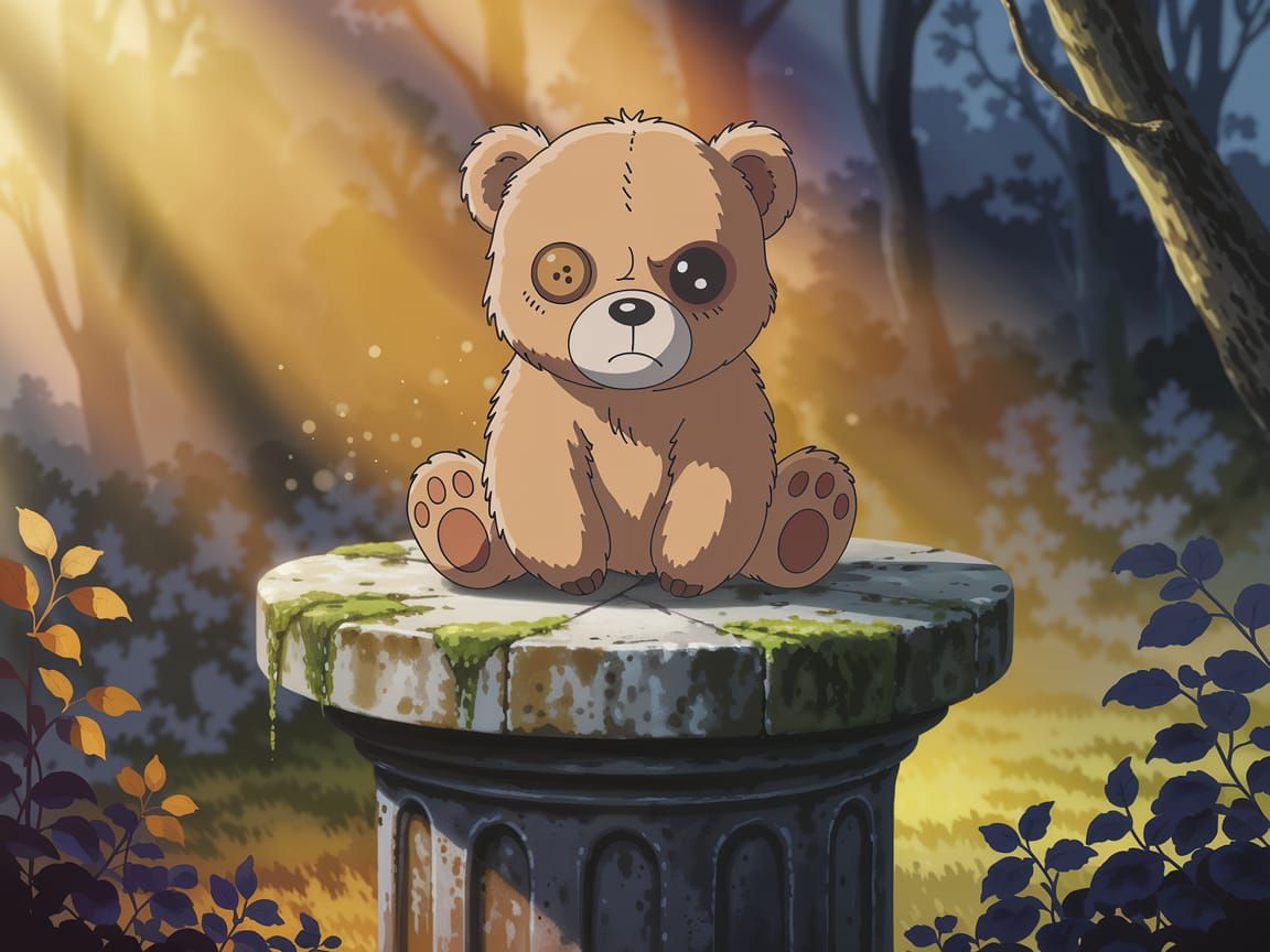 Anime Style Menacing Teddy Bear on Stone Pedestal
