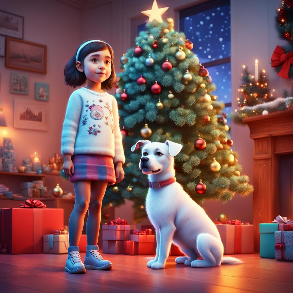 Girl and Dog by Christmas Tree: Pixar Style