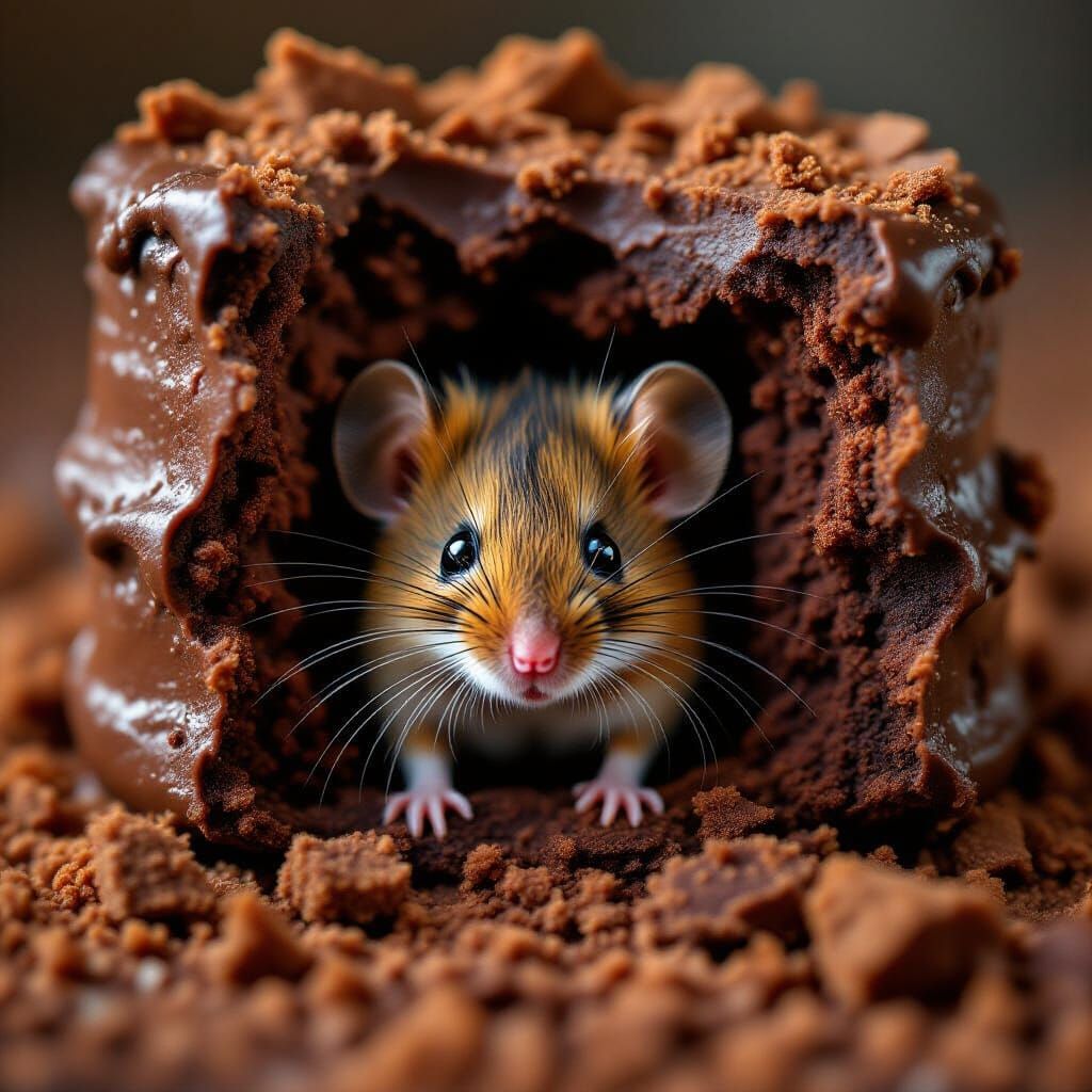 Hyperreal Macro Photo: Tiny Mouse and Demolished Cake