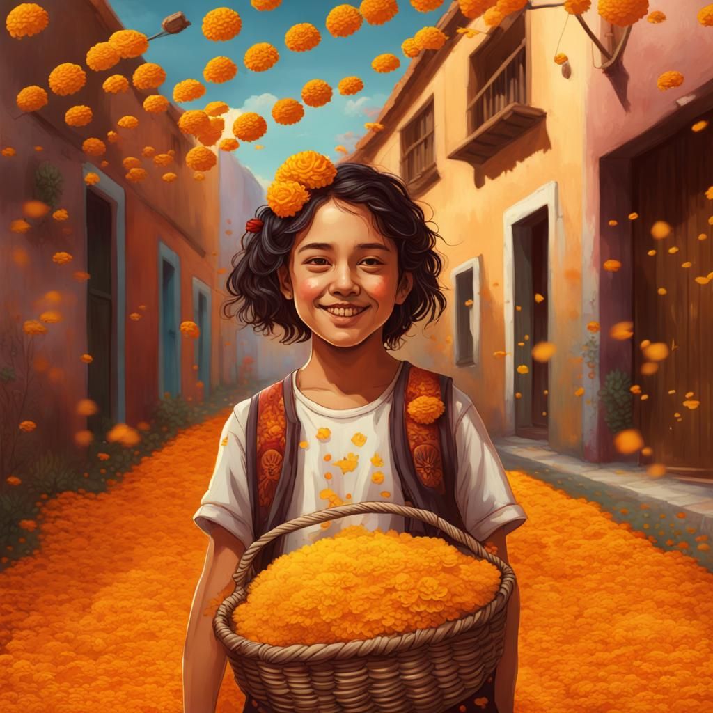 Mexican Girl with Marigolds: Hyperrealistic Splash Art