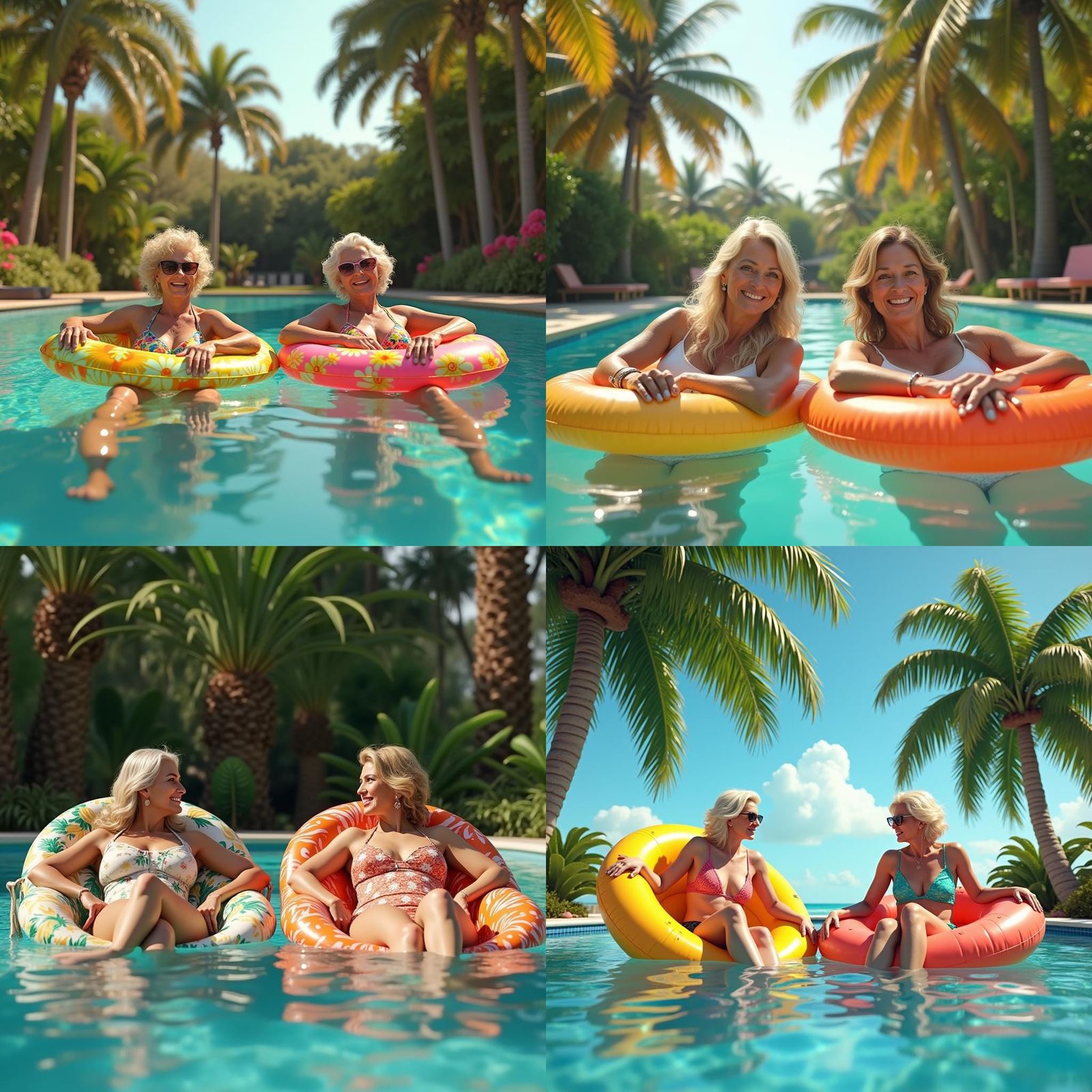 Women Relaxing on Rafts in Florida Pool