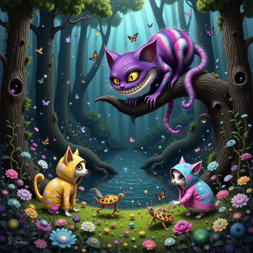 Cheshire Cat Overlooks Kittens in Whimsical Meadow