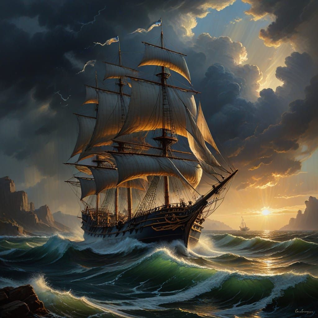 Ship Battling Stormy Waves in Baroque Style Oil Painting