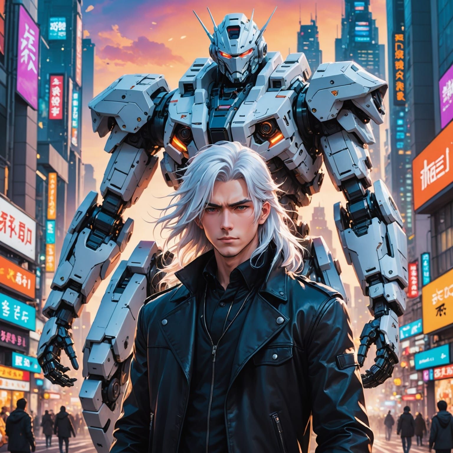 Anime Man on Robot in Lit City