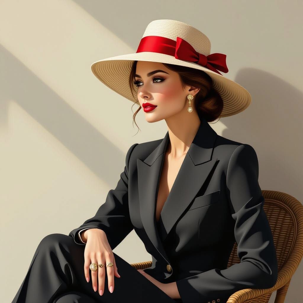 Elegant Lady in Pantsuit with Wide-Brimmed Hat