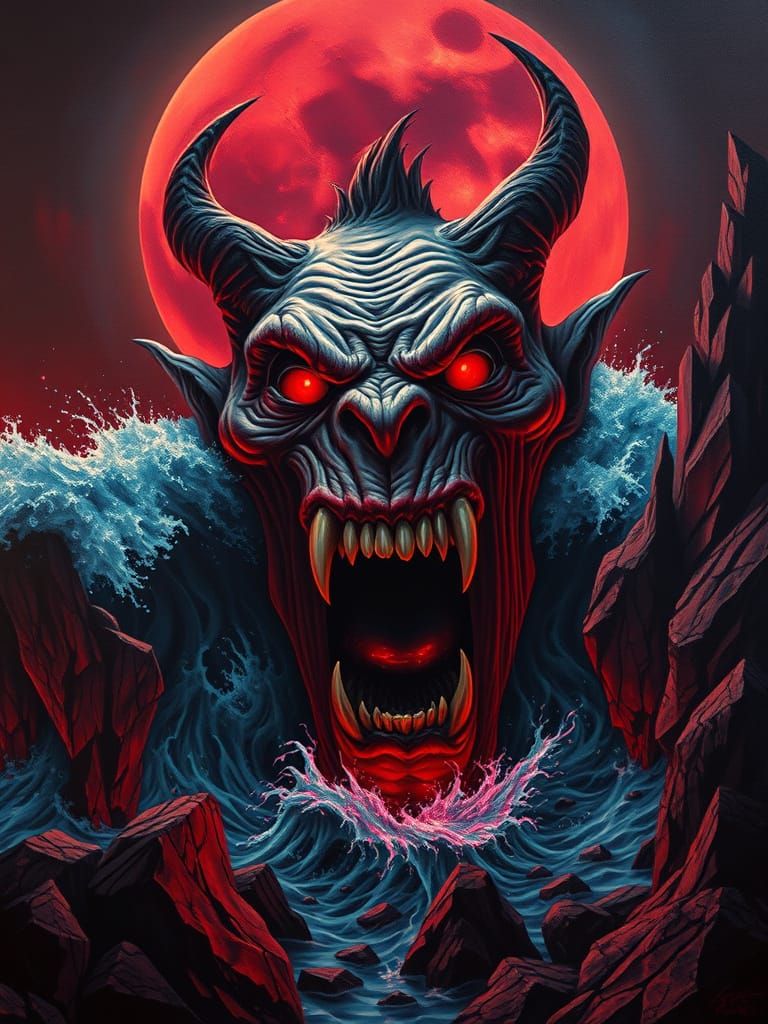 Oil on canvas. Medium shot. A tormented troll face screams i...