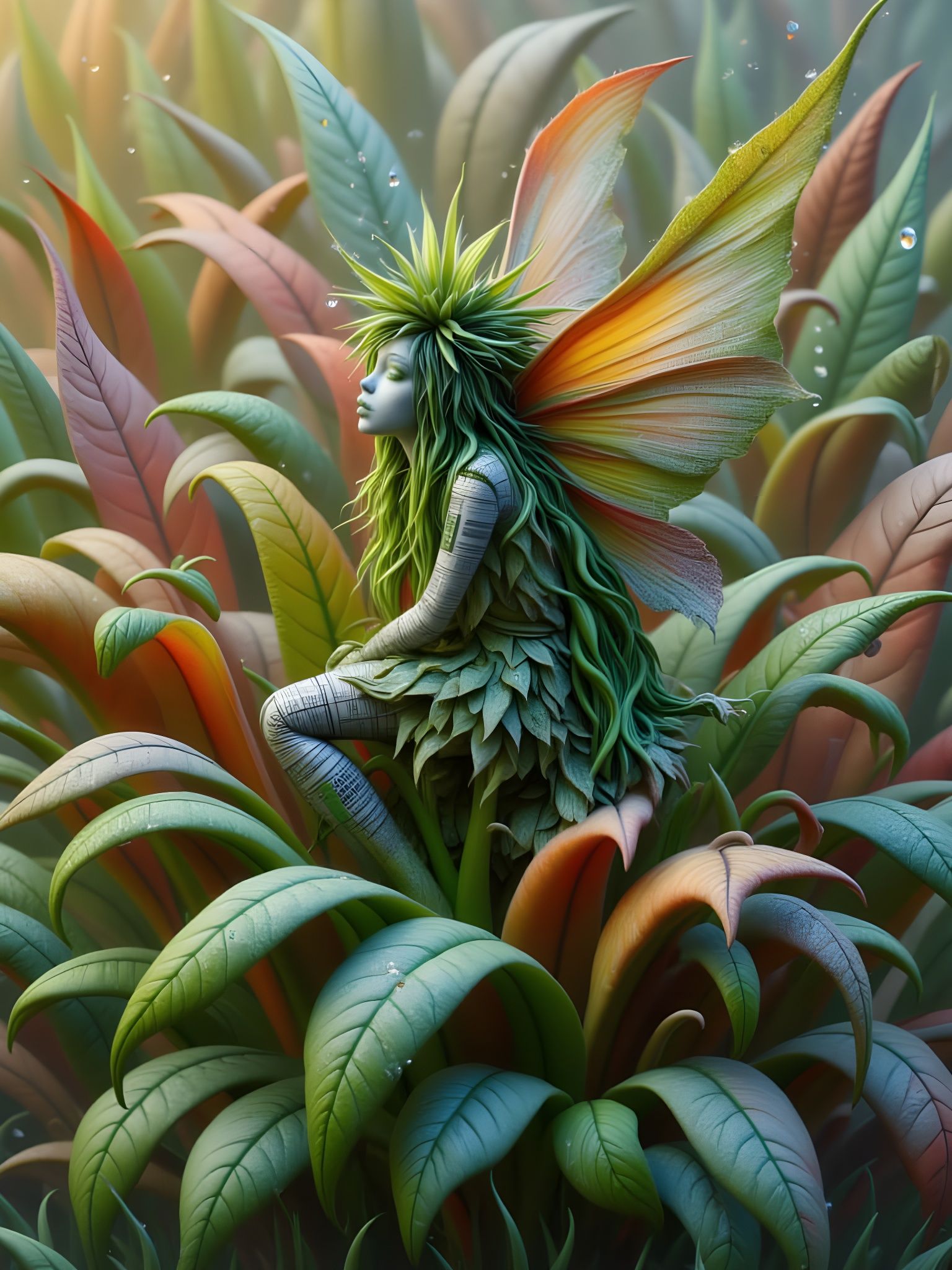 Fairy in Petal Clothes on Colorful Plant