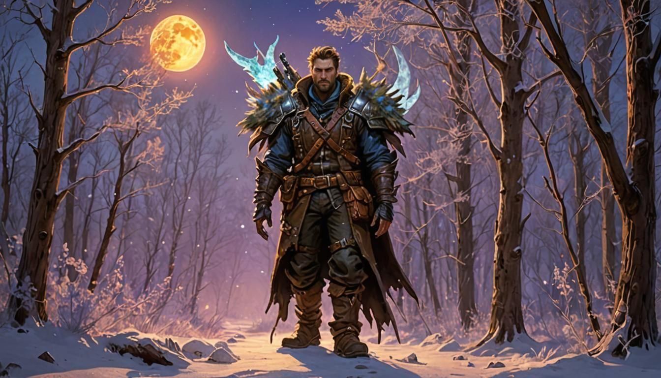 Fantasy Hunter in Frosty Wilderness: Detailed Matte Painting