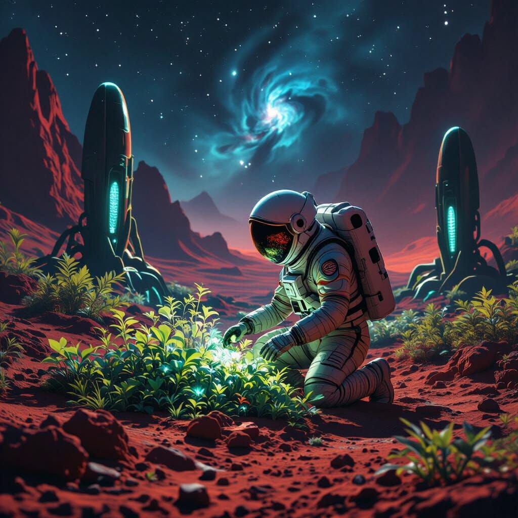 Astronaut's Bioluminescent Garden on Alien Planet