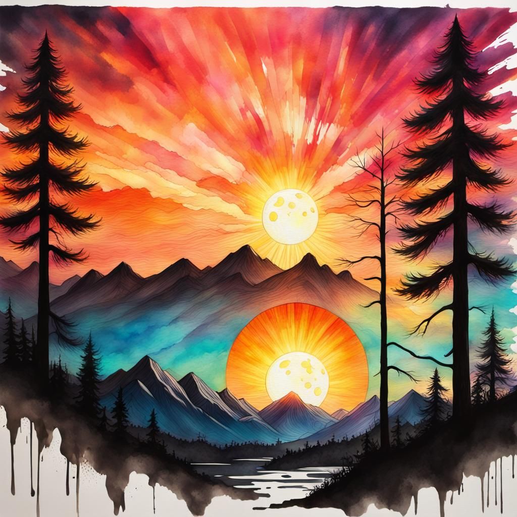 Vibrant Glitchy Sky with Sunrise and Sunset