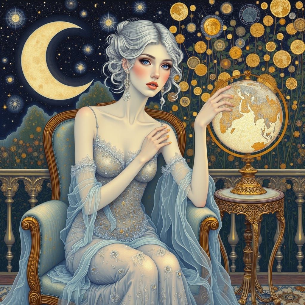 Ethereal Woman in Art Nouveau Style with Silver Hair