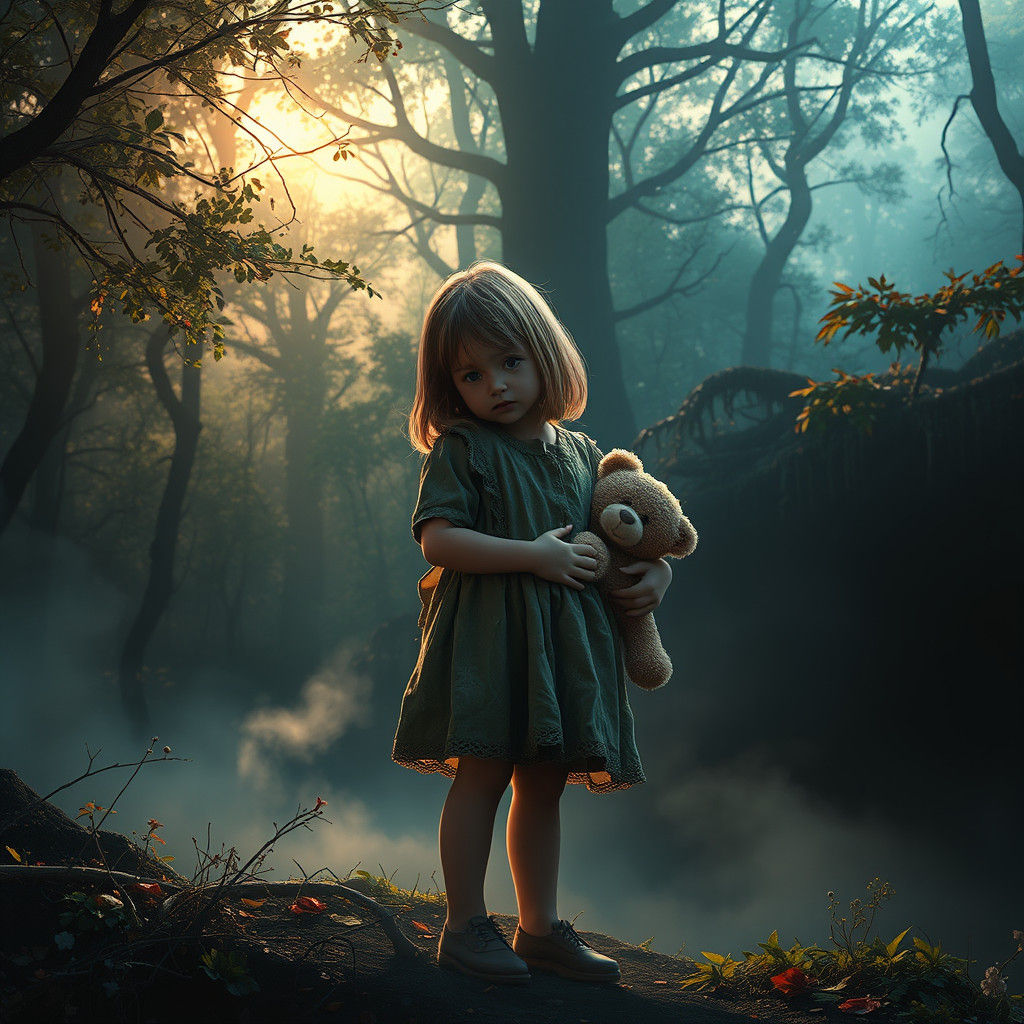 Mystical Forest Edge: Girl with Teddy Bear