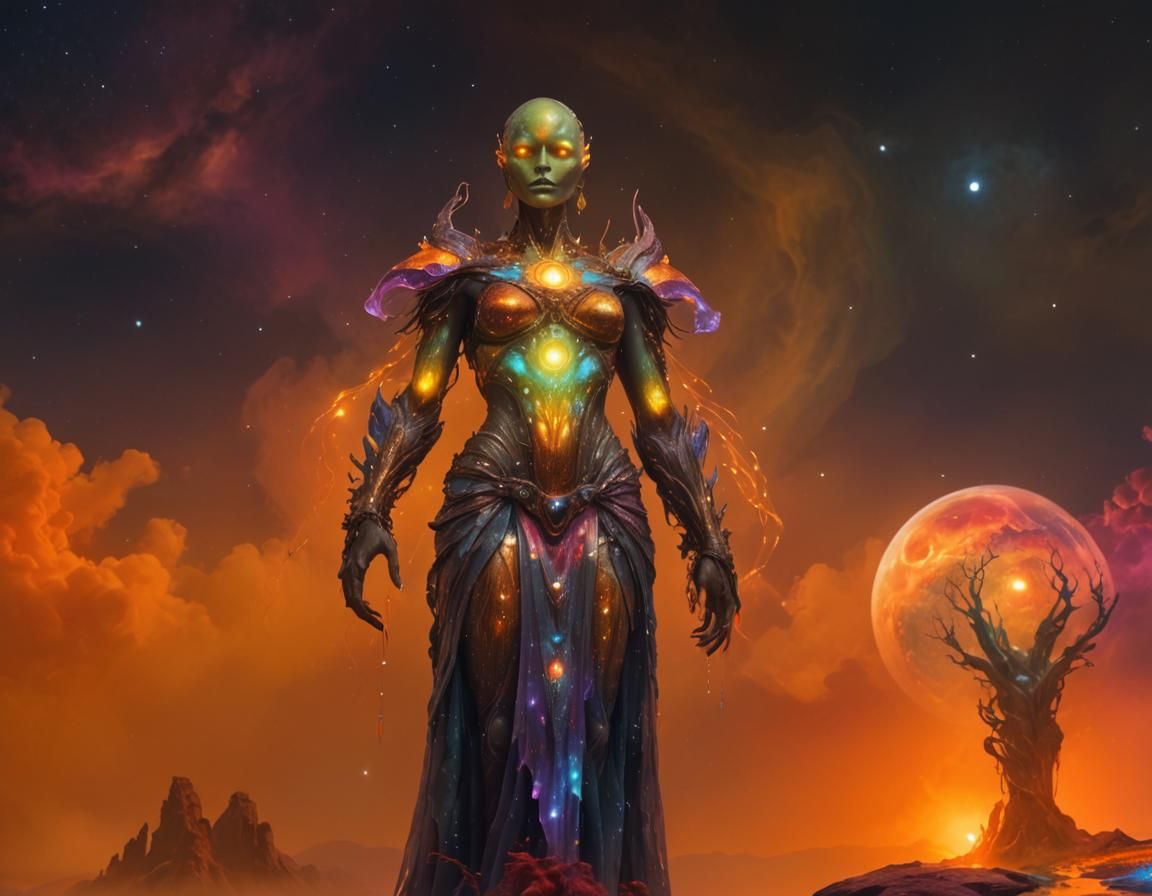 Alien Water Goddess in Surreal Cosmic Landscape