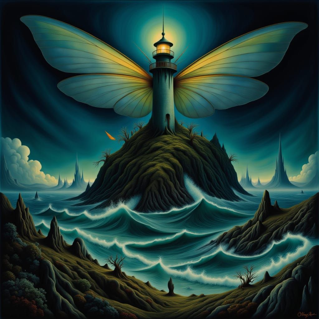 <lora:Fae 3:1.0> A solitary, weathered lighthouse stands on ...