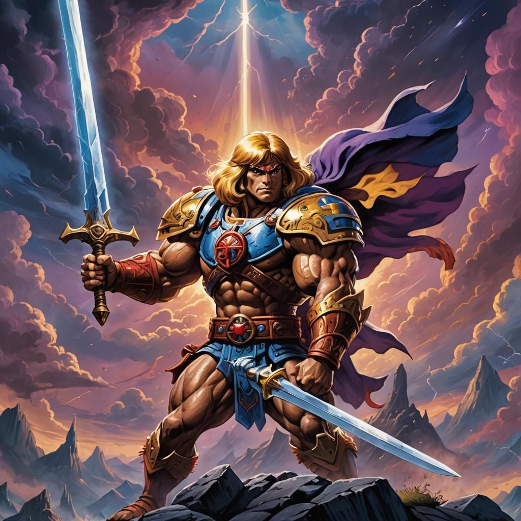He-Man of Eternia holding his power sword toward the sky