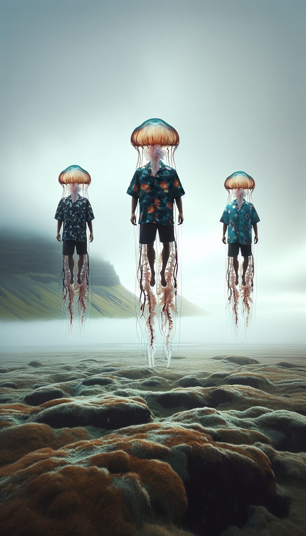 Surreal Icelandic Landscape with Jellyfish-Human Hybrids