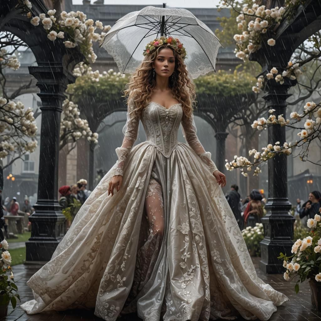 Baroque Woman in Lace Gown, Rainy Masterpiece