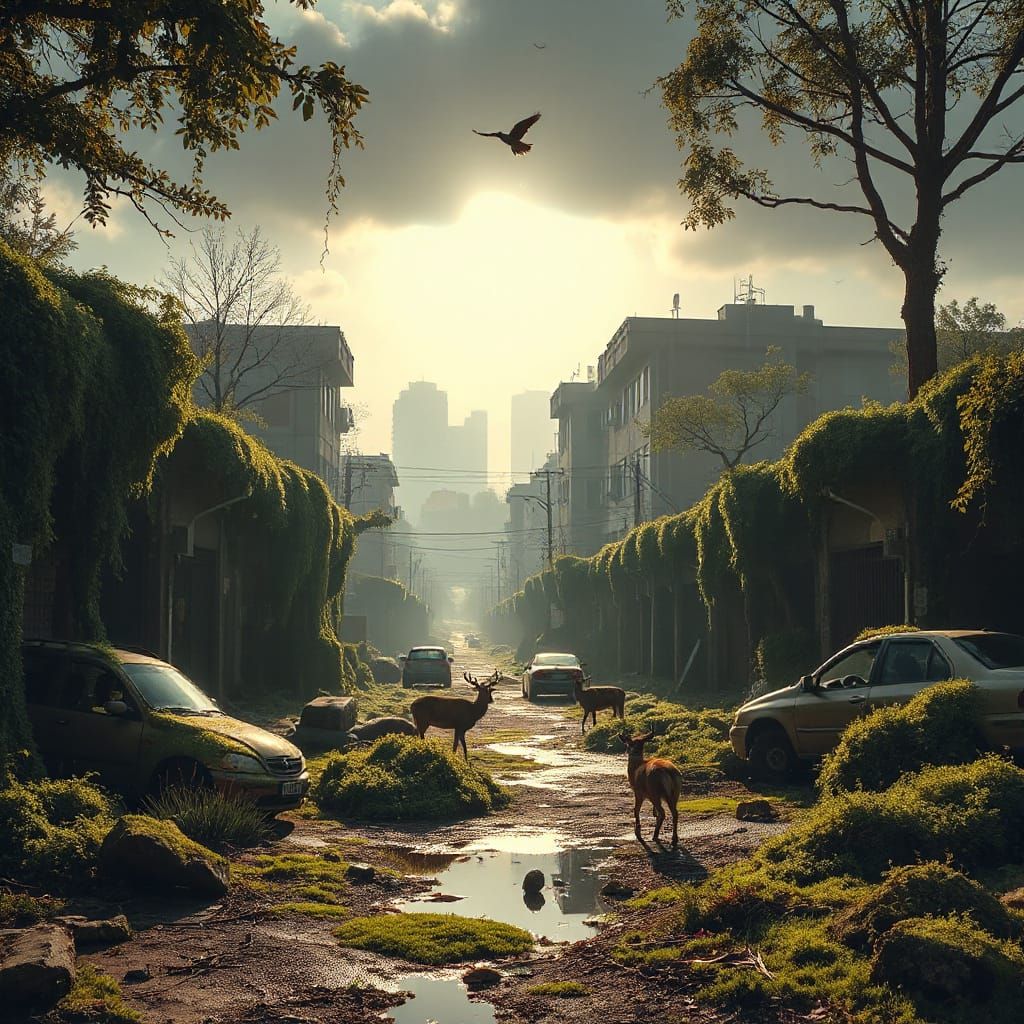 Overgrown Cityscape with Ethereal Glow