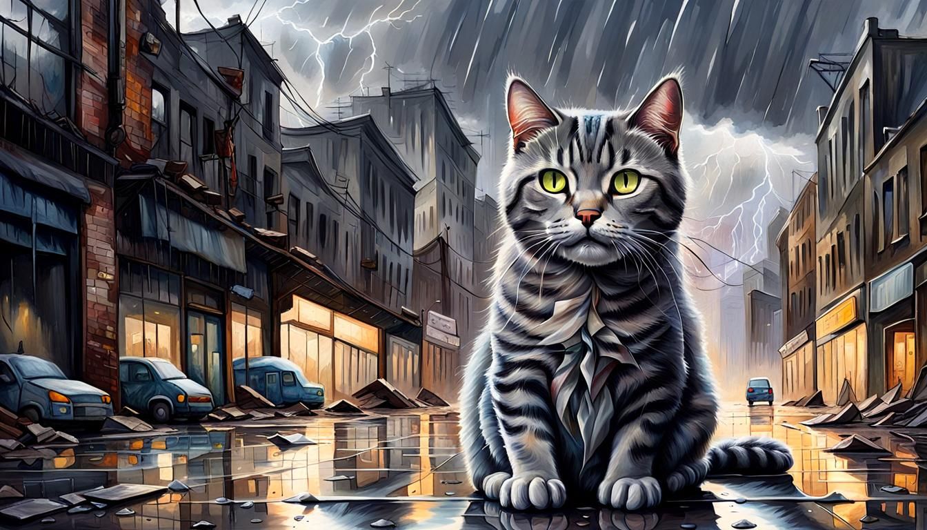 Tabby Cat in Post-Apocalyptic City Ruins