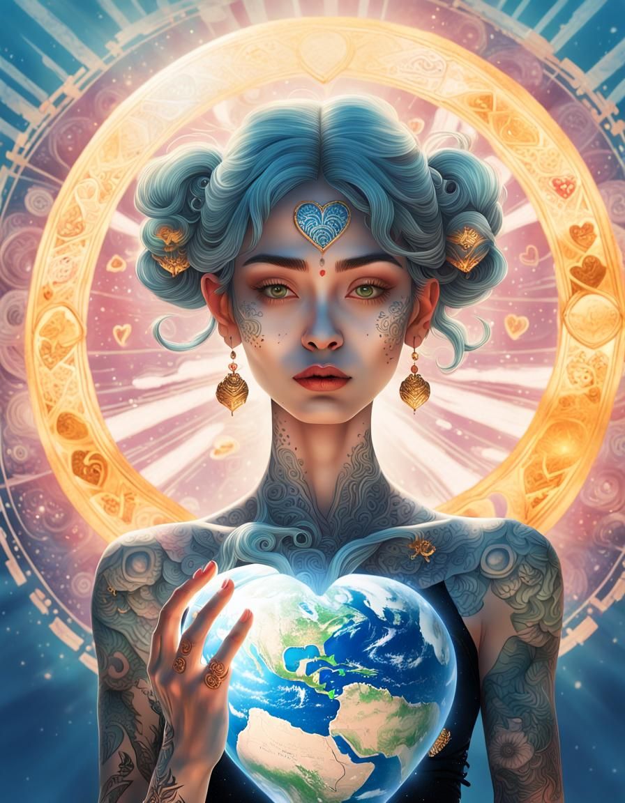 Ethereal Tattooed Woman Holds Earth: Fantasy Art