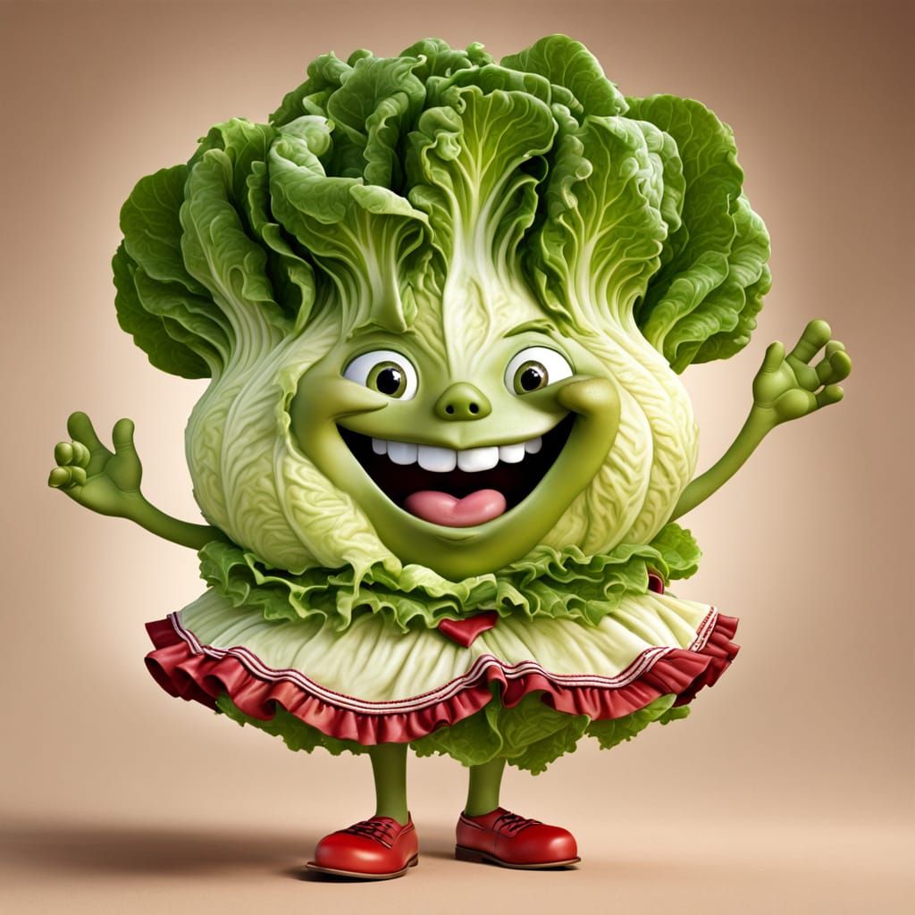 An anthropomorphic cartoon head of lettuce putting on a dres...