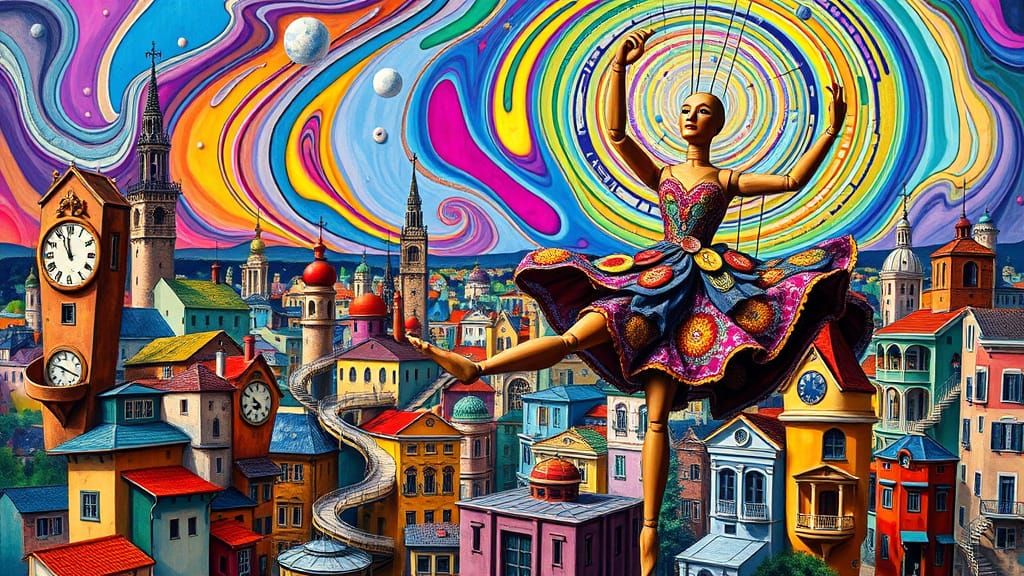 Surrealist Dreamscape Cityscape in Vibrant, Melting Colors