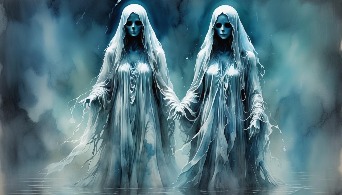 Ethereal Blue Ghostly Figures in Watercolor Style