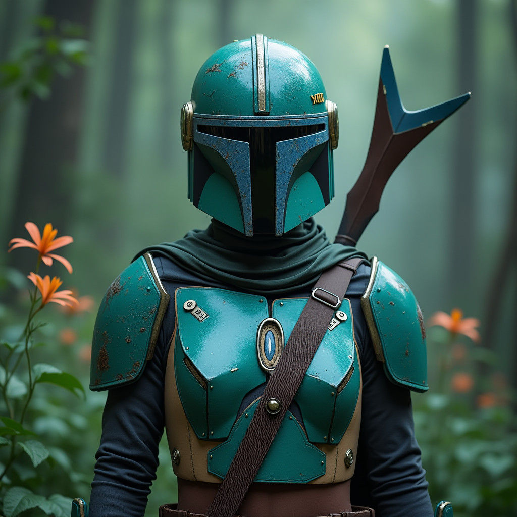 Female Mandalorian Warrior in Alien Jungle, Matte Painting