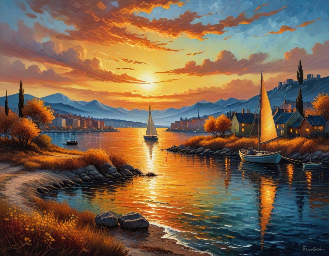 Glowing Sunset City Bay in Van Gogh Style