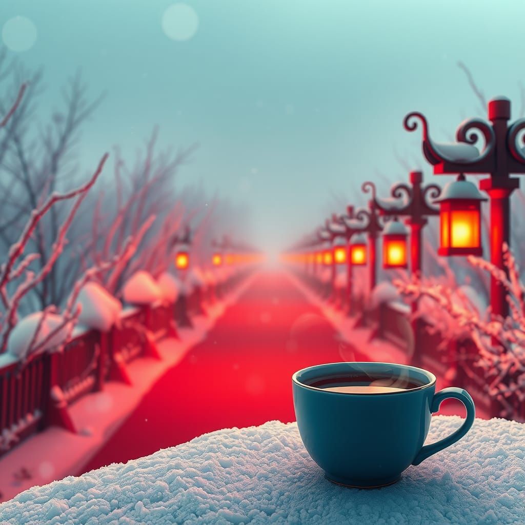 Cozy Winter Landscape with Tea, Ethereal Digital Art