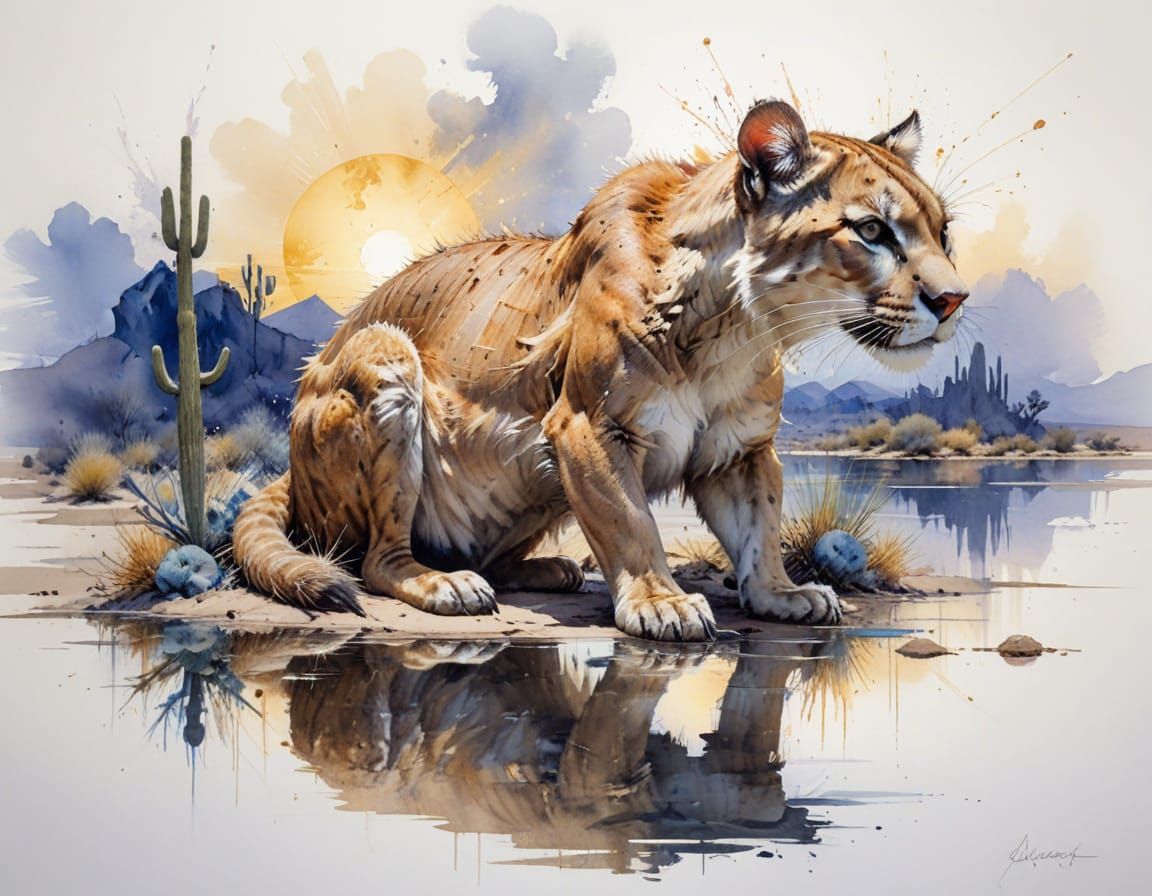 Cougar Gazes at Reflection in Moonlit Desert Oasis
