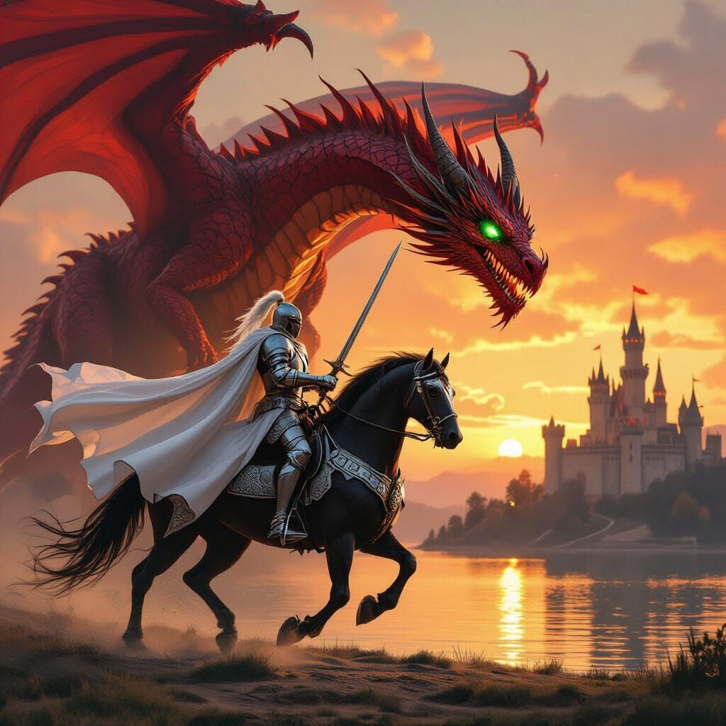 Knight Charges Dragon on Black Stallion, Photorealistic Styl...
