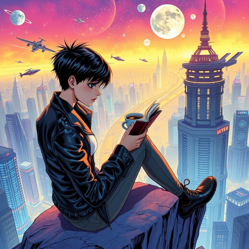 For Masterpiece Monday: A young woman with short, spiky hair and wearing a sleek black leather jacket, sits on a cliff o...