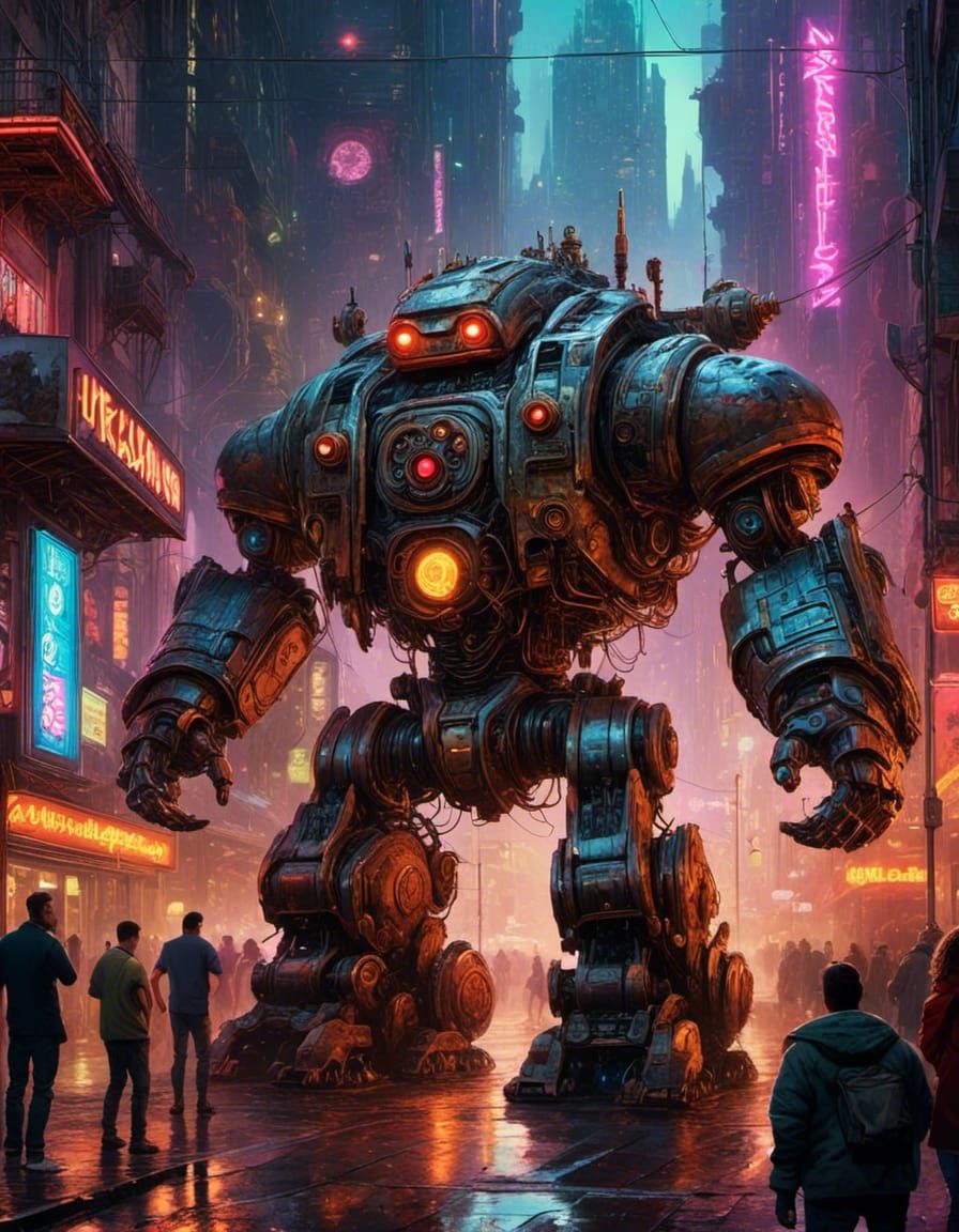 Giant Atompunk Robot Rampage in Cyberpunk City
