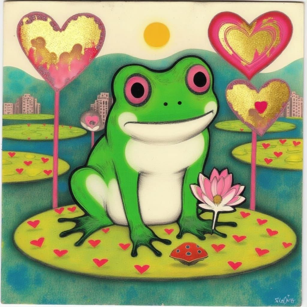 Frog on Lotus Leaf with Heart Collage