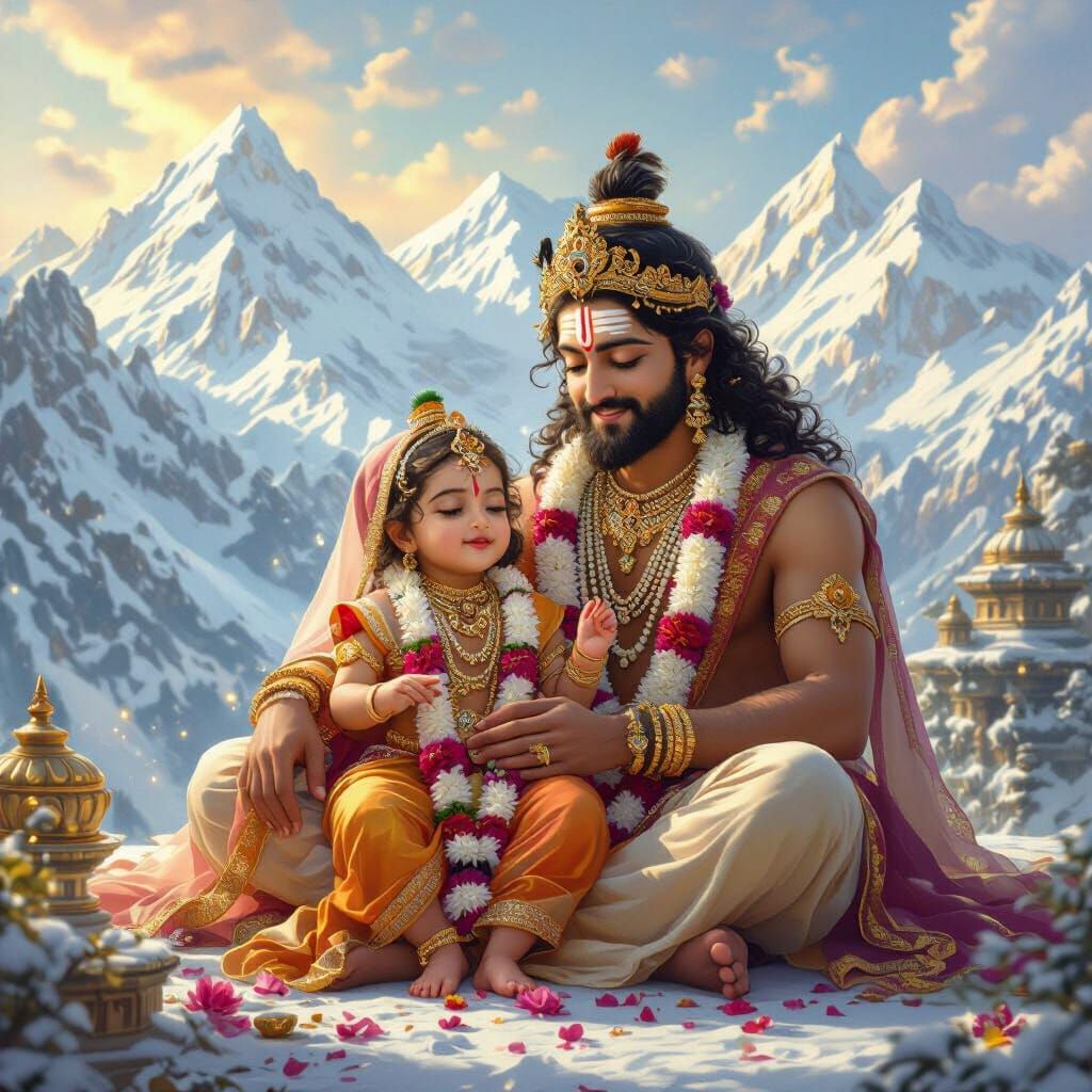 Baby Parvati in Royal Palace: Indian Miniature Painting