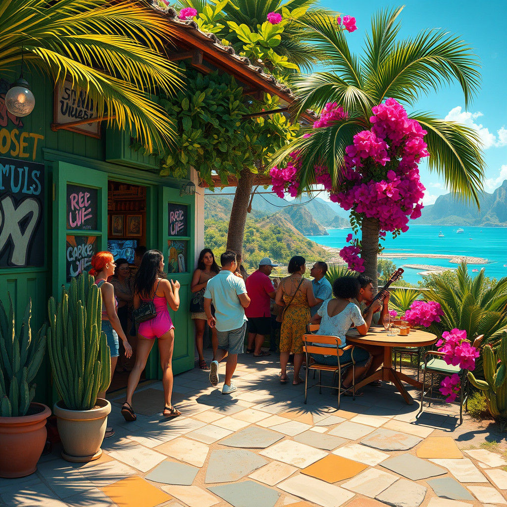 Vibrant Hostel Cafe with Eclectic Party Guests