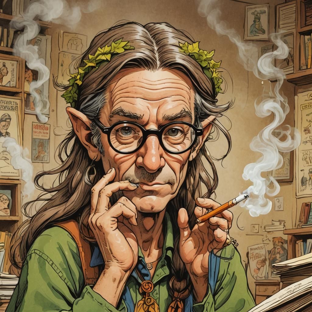 smoking Hippie teacher with glasses and Elf ears. Style: Cartoon, Albert Uderzo, Art Spiegelman