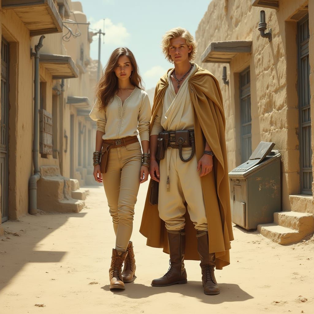 Sandy Brown Haired Young Woman and Man Stand on Desert Stree...